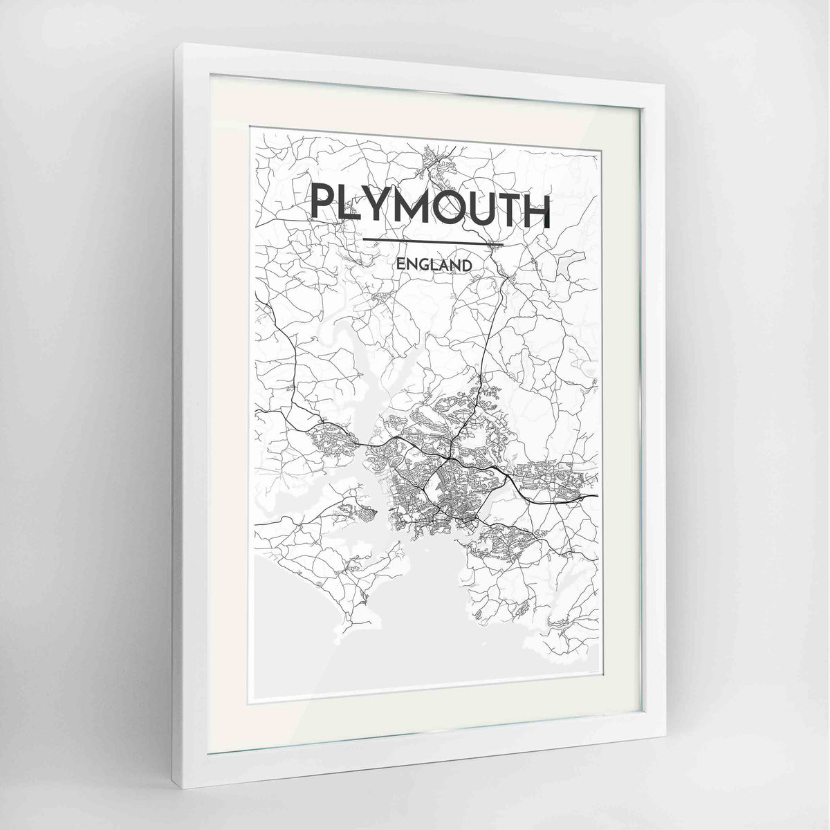 Framed Plymouth Map Art Print 24x36&quot; Contemporary White frame Point Two Design Group