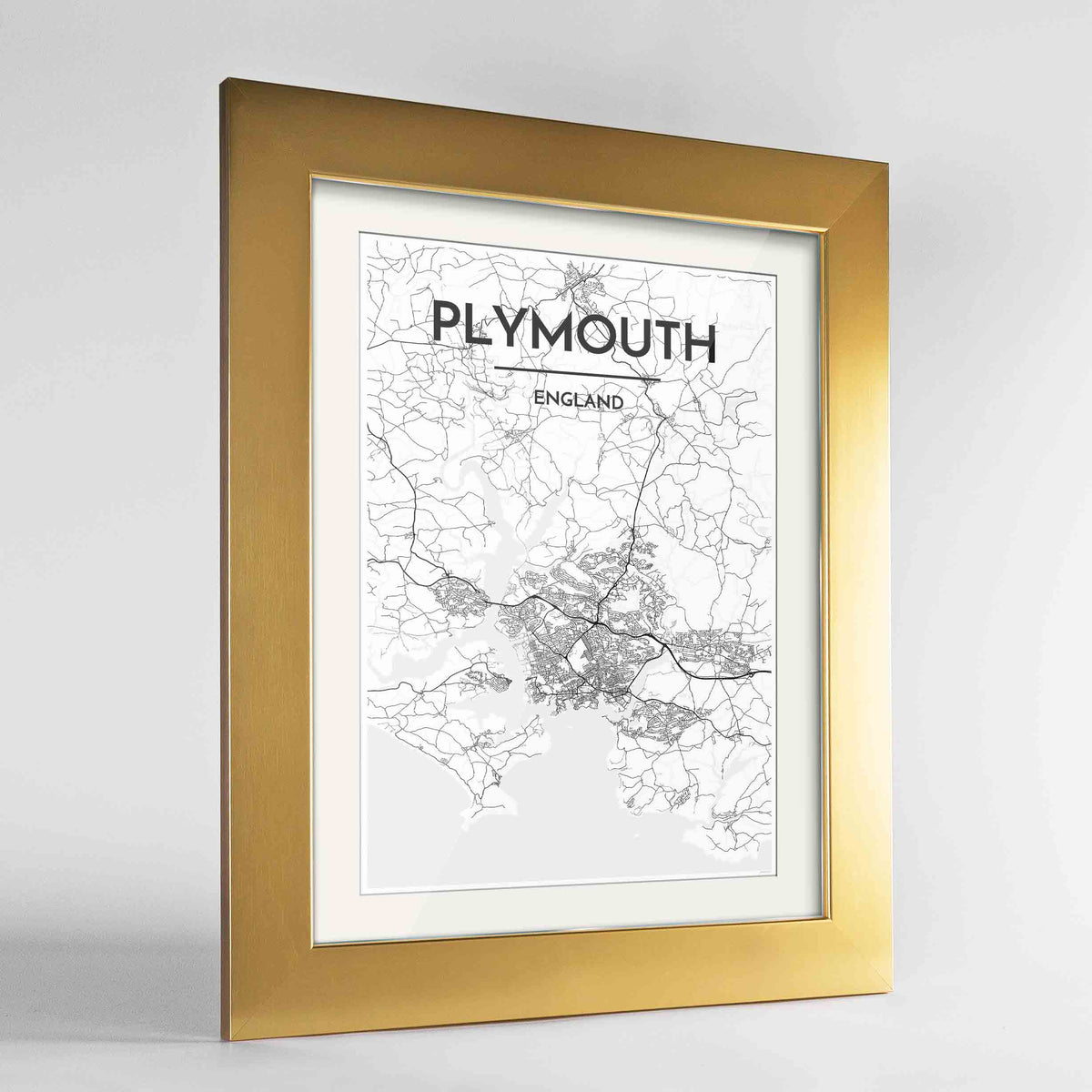 Framed Plymouth Map Art Print 24x36&quot; Gold frame Point Two Design Group