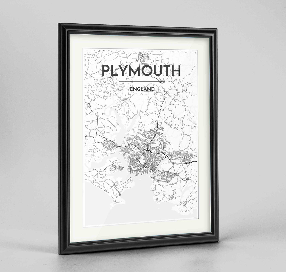 Framed Plymouth Map Art Print 24x36&quot; Traditional Black frame Point Two Design Group
