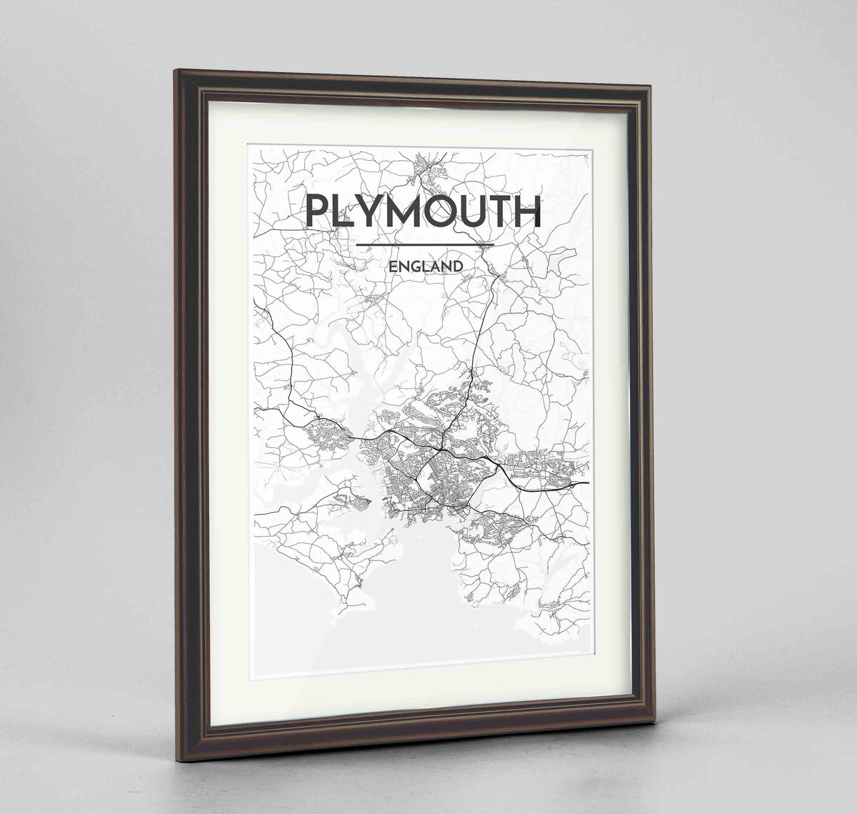 Framed Plymouth Map Art Print 24x36&quot; Traditional Walnut frame Point Two Design Group