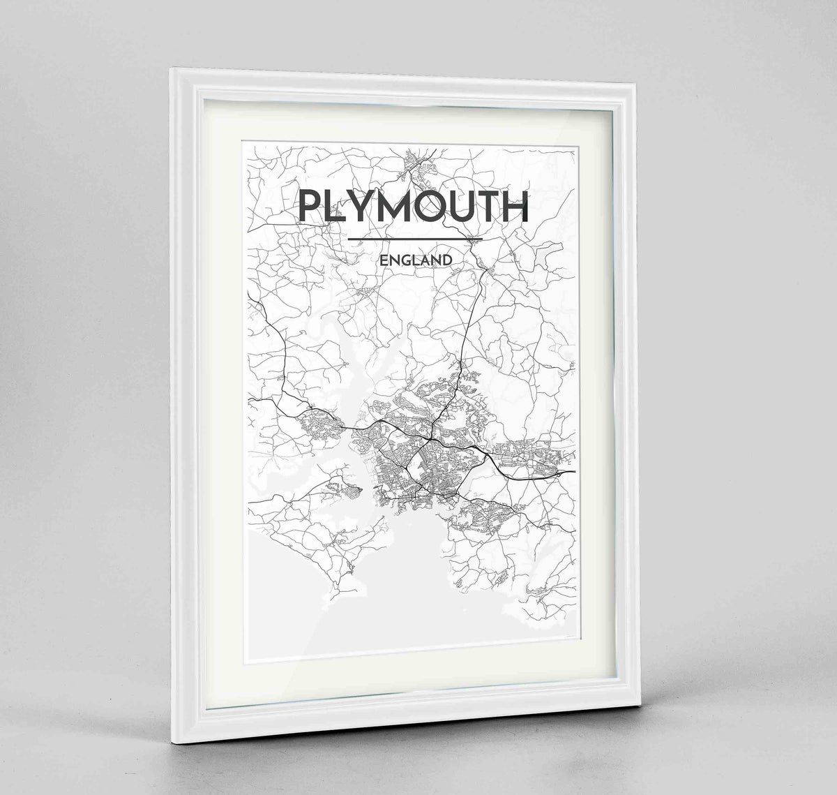 Framed Plymouth Map Art Print 24x36&quot; Traditional White frame Point Two Design Group