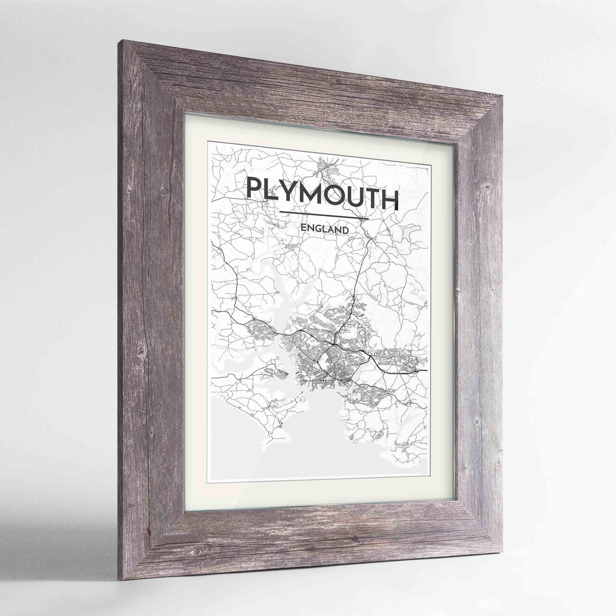 Framed Plymouth Map Art Print 24x36&quot; Western Grey frame Point Two Design Group