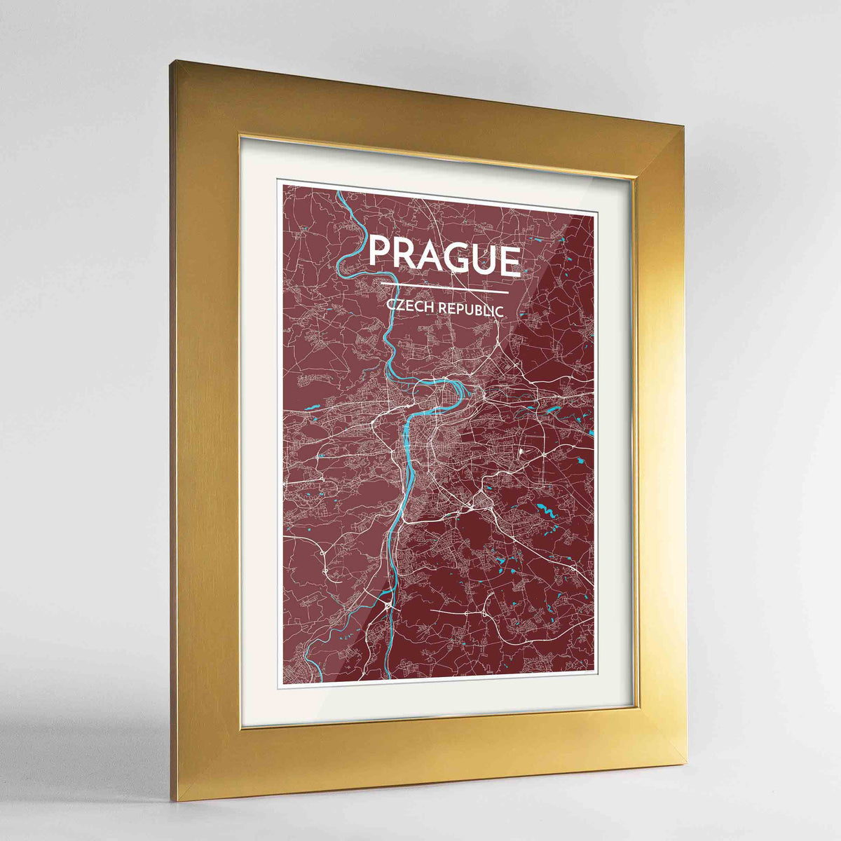 Framed Prague Map Art Print 24x36&quot; Gold frame Point Two Design Group