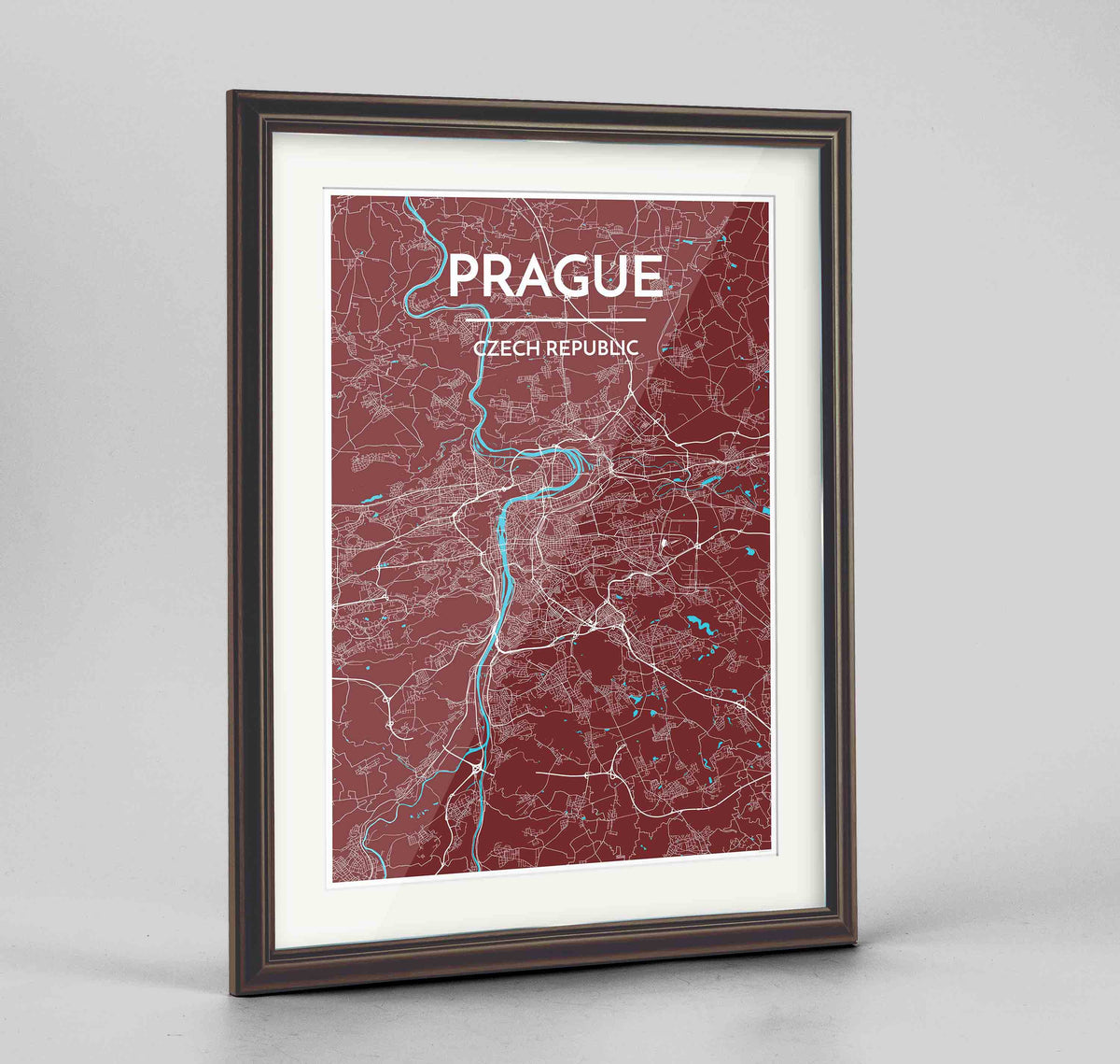 Framed Prague Map Art Print 24x36&quot; Traditional Walnut frame Point Two Design Group