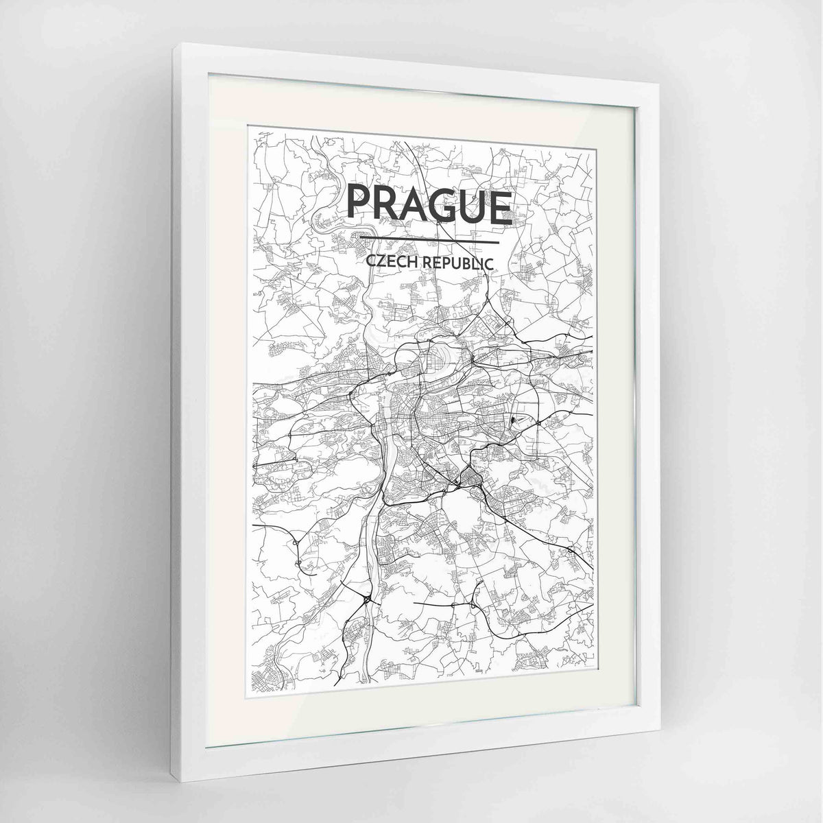 Framed Prague Map Art Print 24x36&quot; Contemporary White frame Point Two Design Group