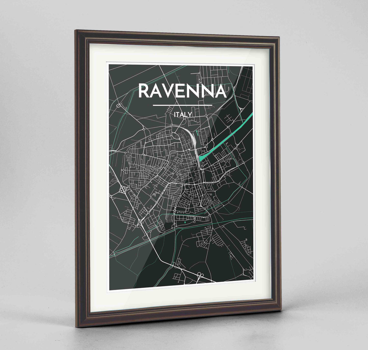 Framed Ravenna Map Art Print 24x36&quot; Traditional Walnut frame Point Two Design Group