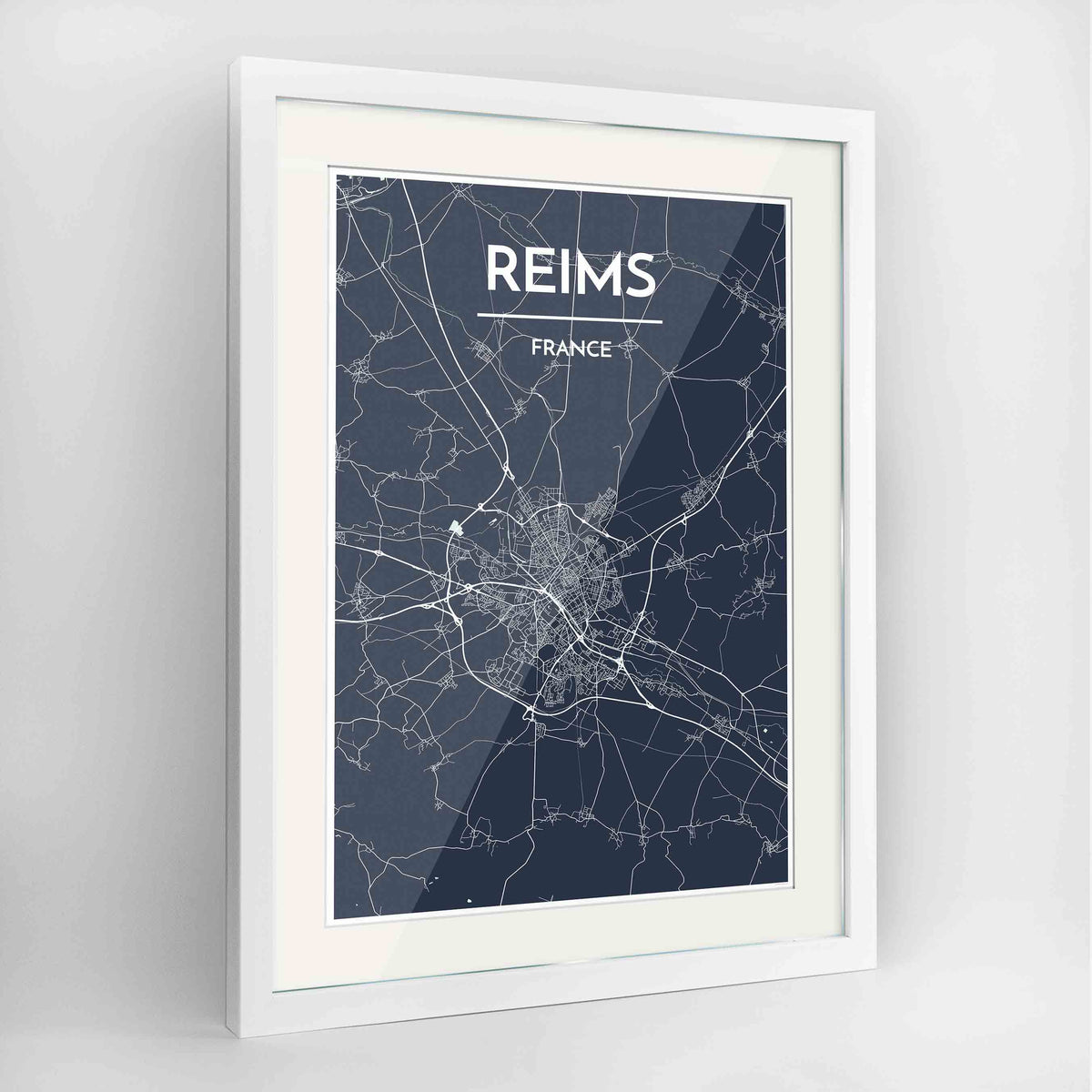 Framed Reims Map Art Print 24x36&quot; Contemporary White frame Point Two Design Group