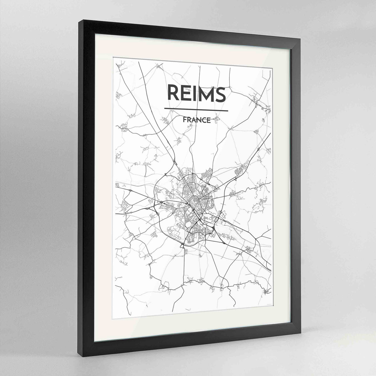 Framed Reims Map Art Print 24x36&quot; Contemporary Black frame Point Two Design Group
