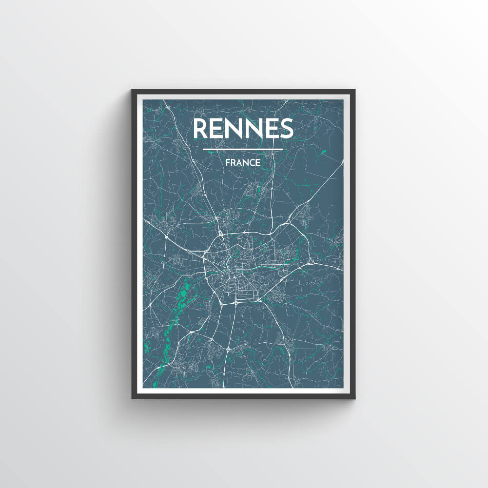 Rennes City Map Art Print - Point Two Design - Black &amp; White Print