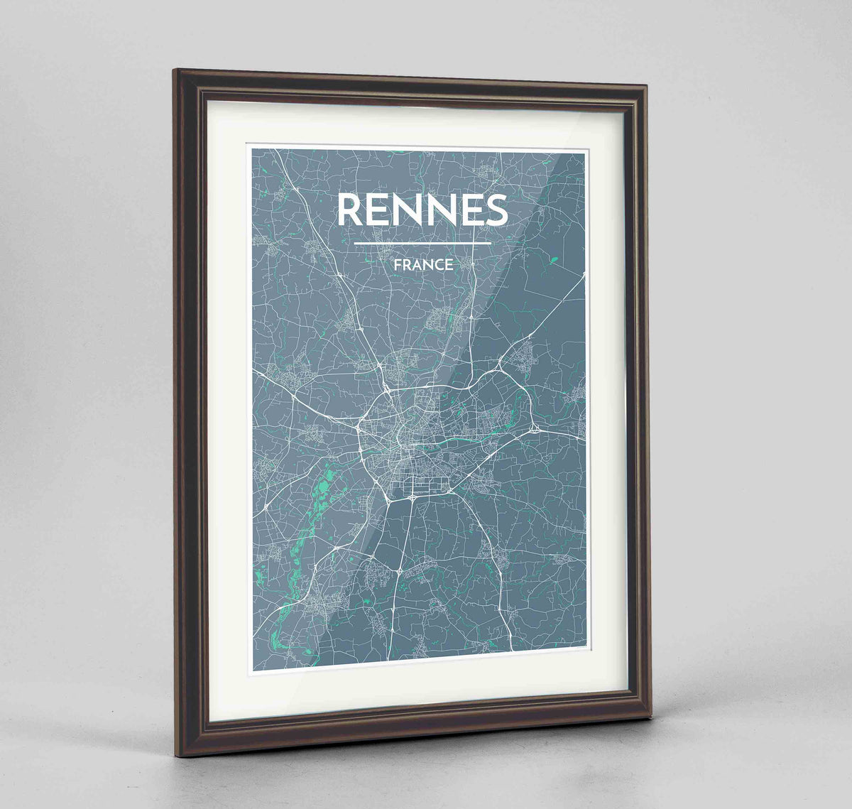 Framed Rennes Map Art Print 24x36&quot; Traditional Walnut frame Point Two Design Group