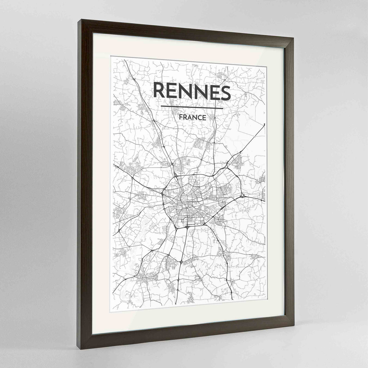 Framed Rennes Map Art Print 24x36&quot; Contemporary Walnut frame Point Two Design Group