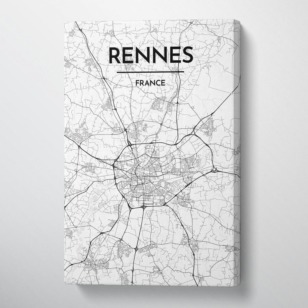 Rennes City Map Canvas Wrap - Point Two Design - Black &amp; White Print
