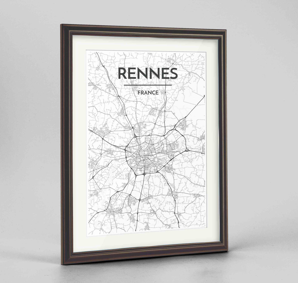 Framed Rennes Map Art Print 24x36&quot; Traditional Walnut frame Point Two Design Group