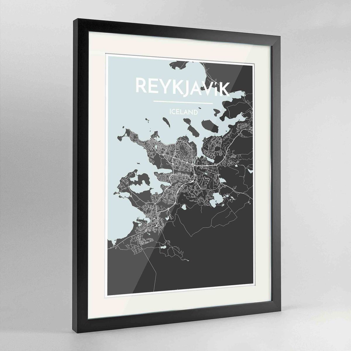 Framed Reykjavik Map Art Print 24x36&quot; Contemporary Black frame Point Two Design Group