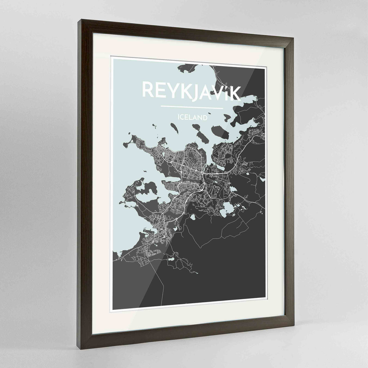 Framed Reykjavik Map Art Print 24x36&quot; Contemporary Walnut frame Point Two Design Group