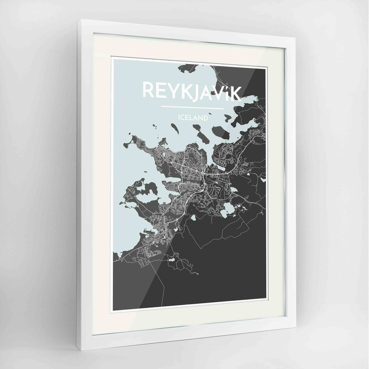 Framed Reykjavik Map Art Print 24x36&quot; Contemporary White frame Point Two Design Group