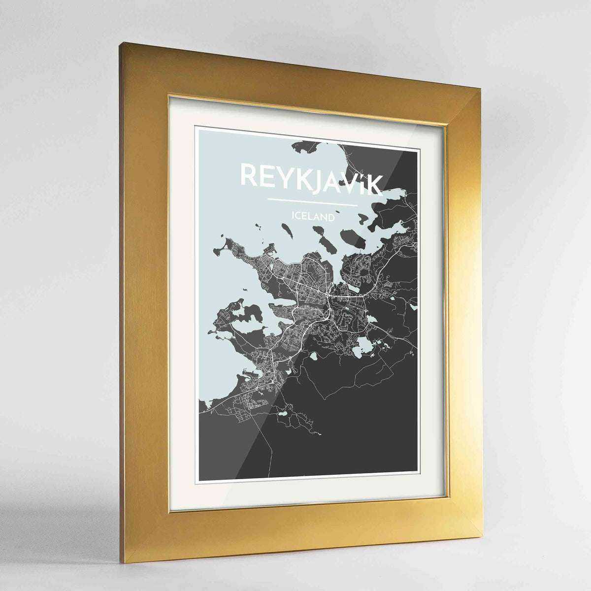 Framed Reykjavik Map Art Print 24x36&quot; Gold frame Point Two Design Group