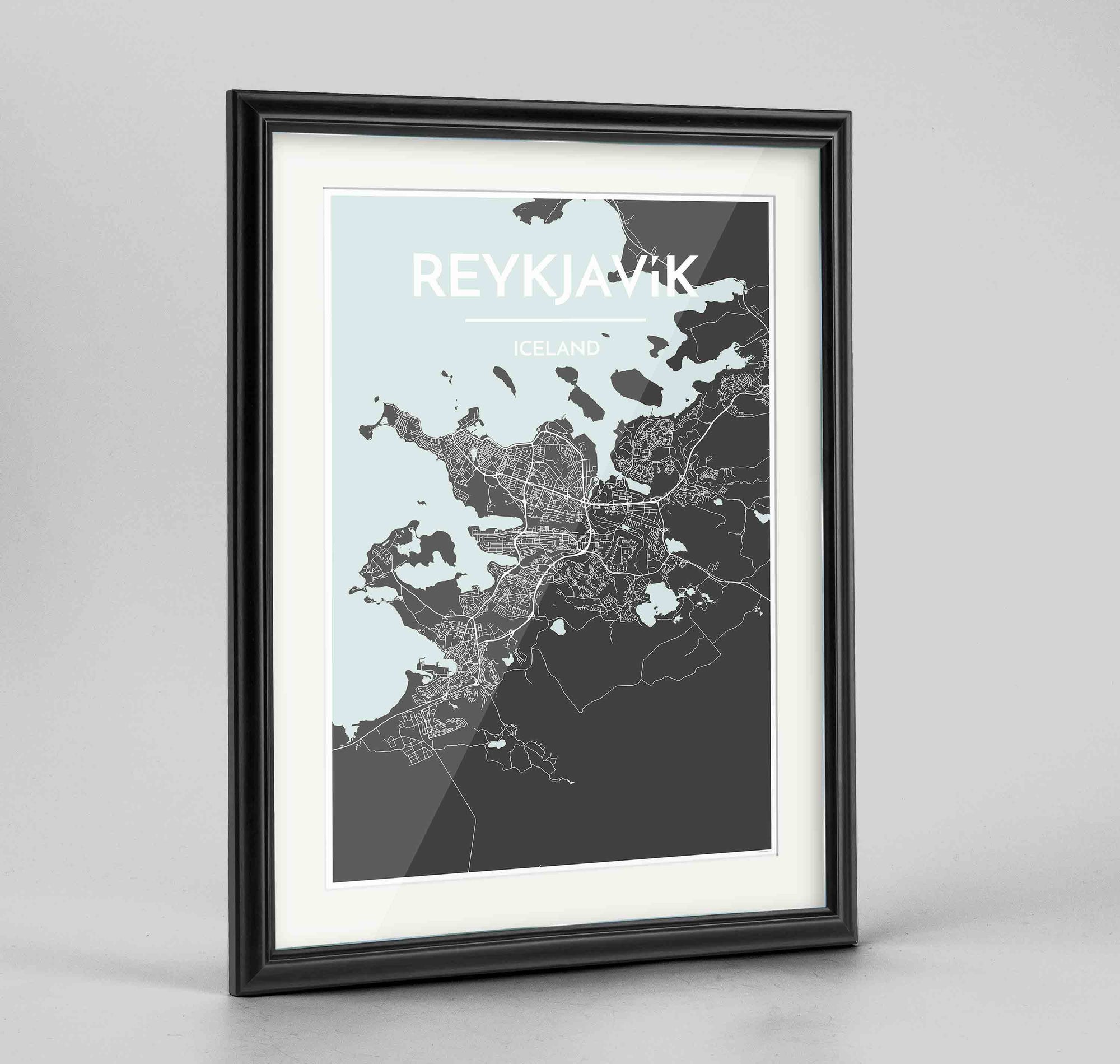 Framed Reykjavik Map Art Print 24x36" Traditional Black frame Point Two Design Group