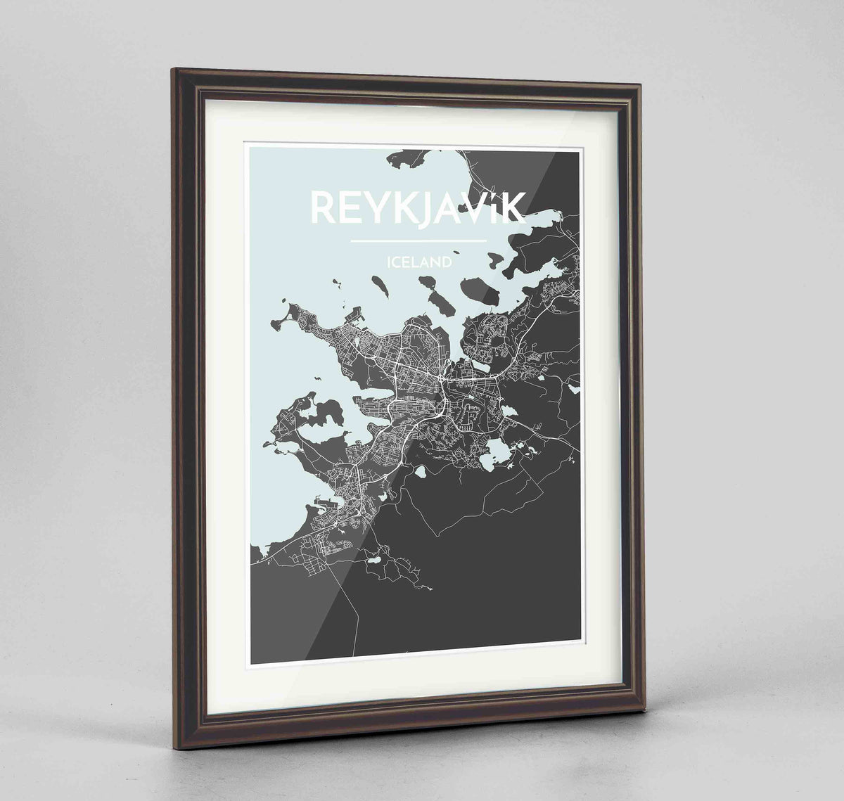 Framed Reykjavik Map Art Print 24x36&quot; Traditional Walnut frame Point Two Design Group