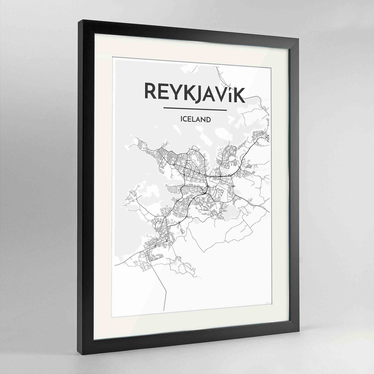 Framed Reykjavik Map Art Print 24x36&quot; Contemporary Black frame Point Two Design Group