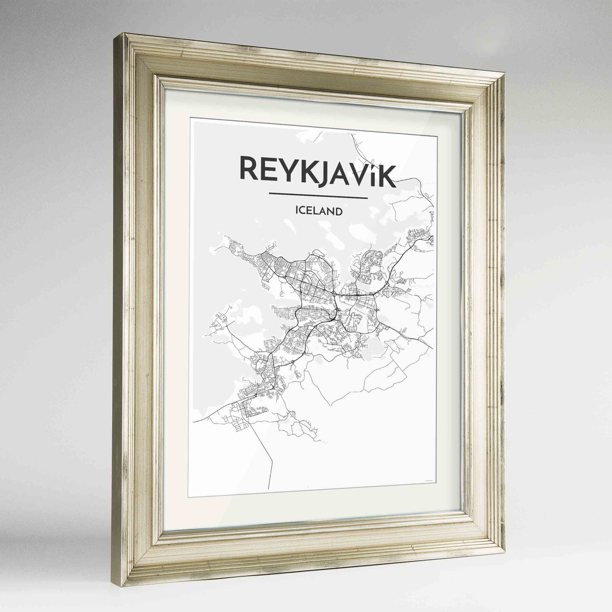 Framed Reykjavik Map Art Print 24x36&quot; Champagne frame Point Two Design Group