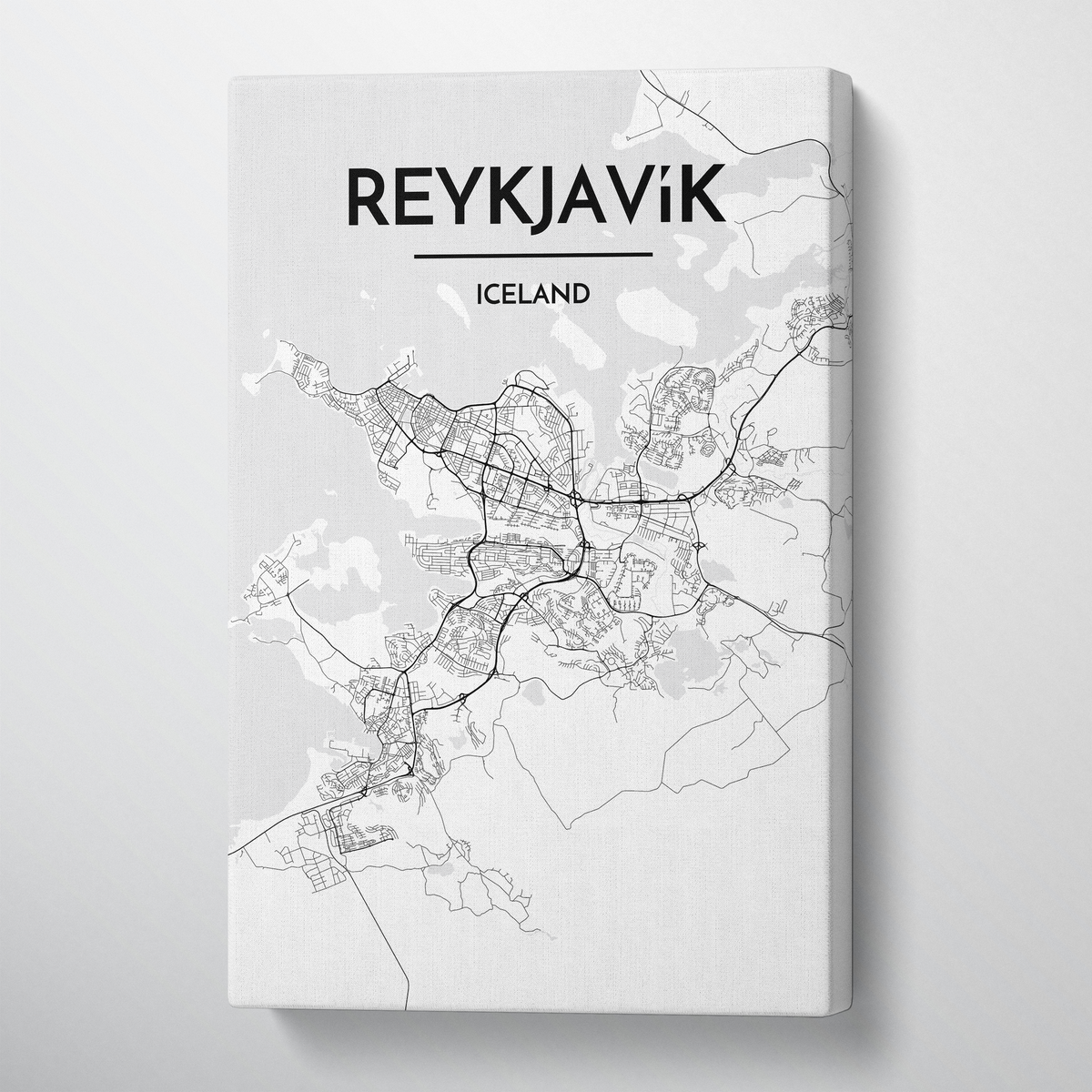Reykjavik City Map Canvas Wrap - Point Two Design - Black &amp; White Print
