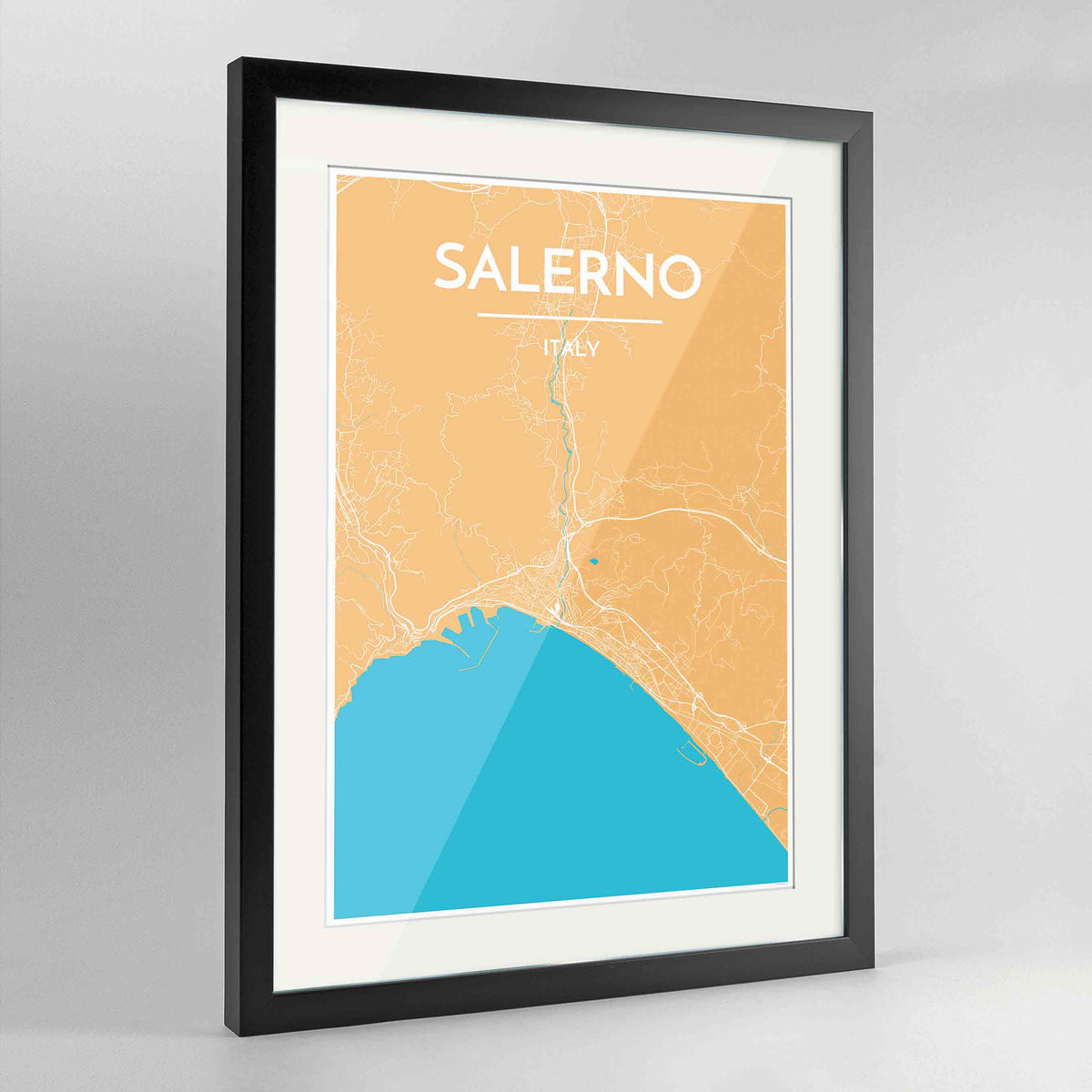 Framed Salerno Map Art Print 24x36&quot; Contemporary Black frame Point Two Design Group