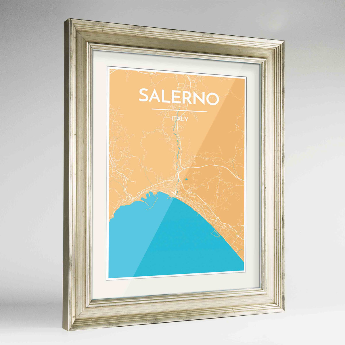 Framed Salerno Map Art Print 24x36&quot; Champagne frame Point Two Design Group
