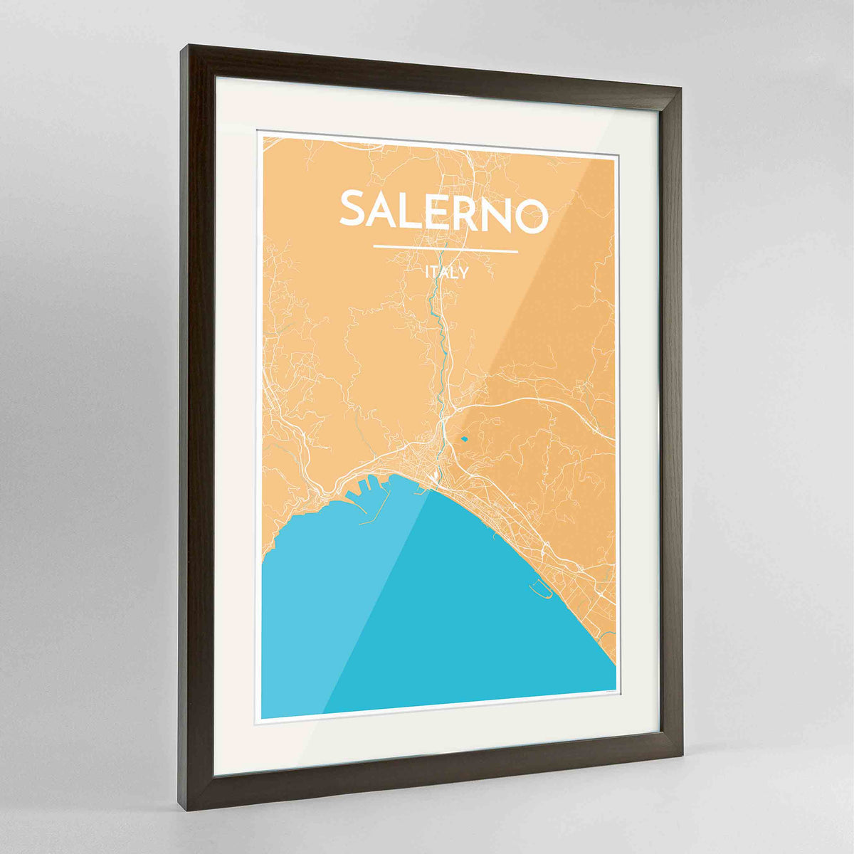 Framed Salerno Map Art Print 24x36&quot; Contemporary Walnut frame Point Two Design Group