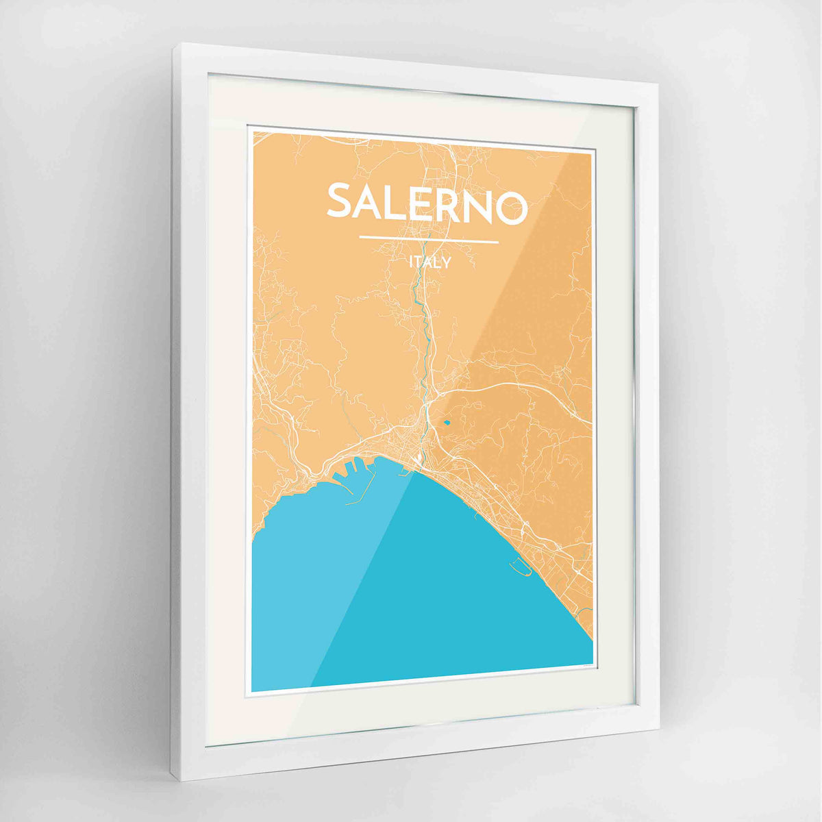 Framed Salerno Map Art Print 24x36&quot; Contemporary White frame Point Two Design Group