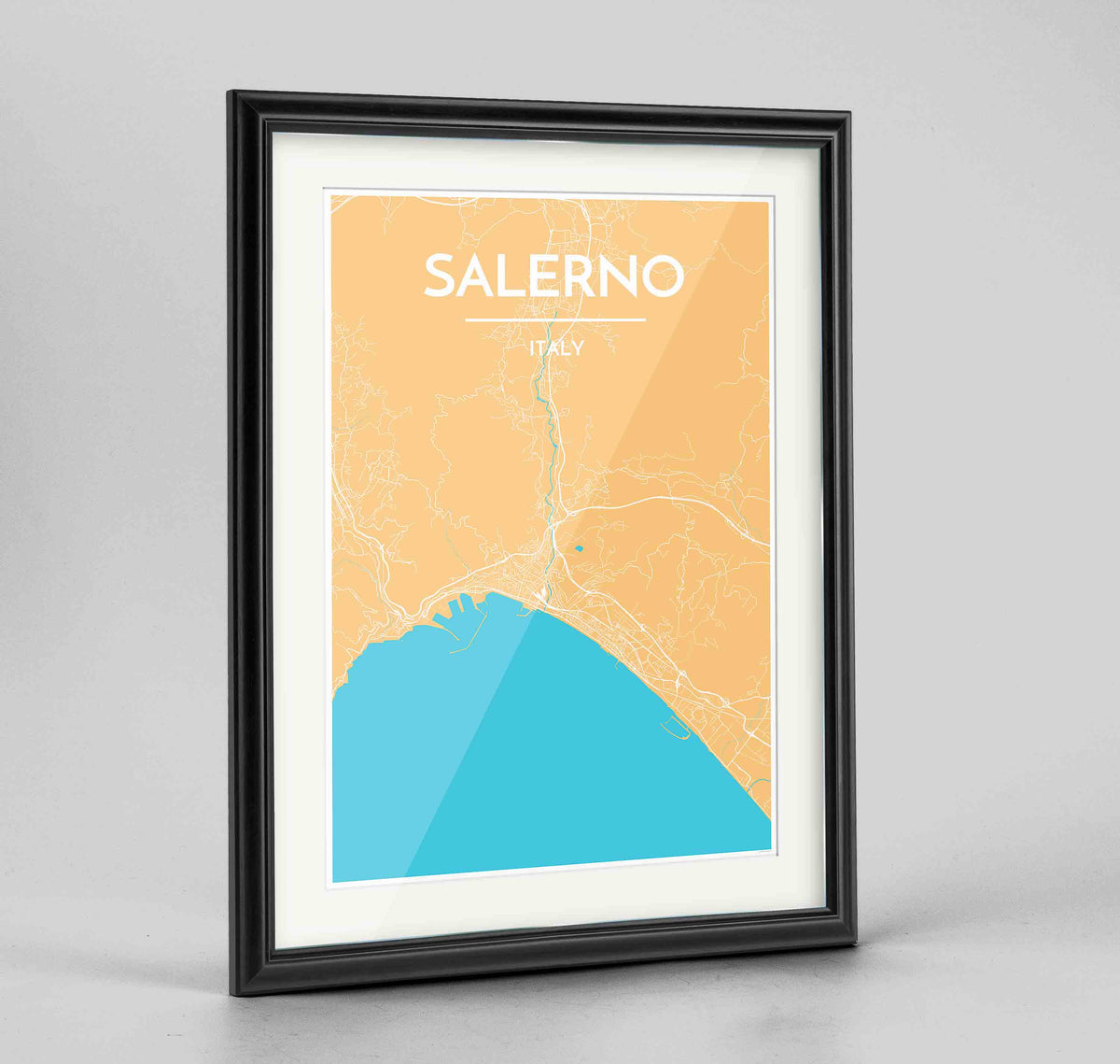 Framed Salerno Map Art Print 24x36&quot; Traditional Black frame Point Two Design Group