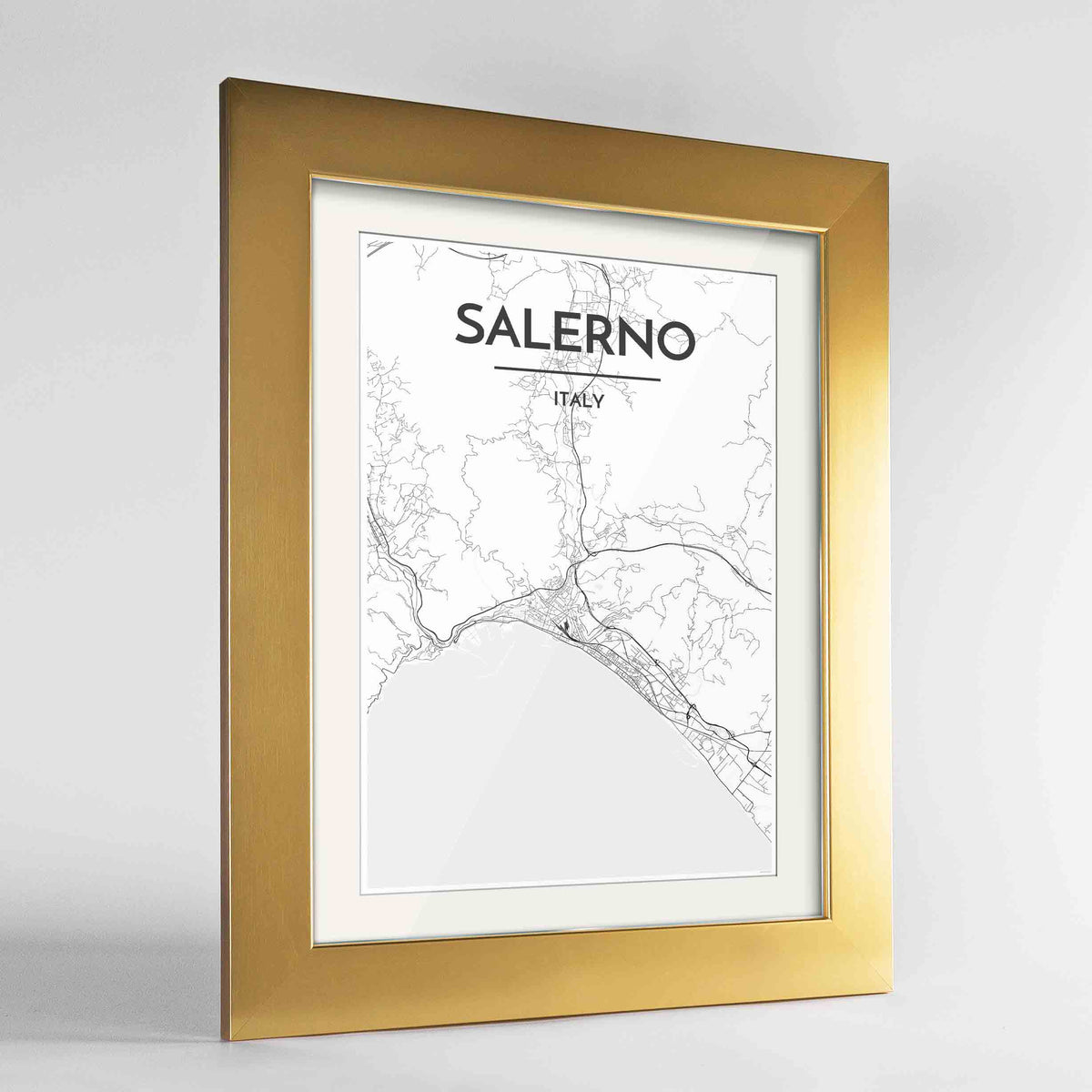 Framed Salerno Map Art Print 24x36&quot; Gold frame Point Two Design Group