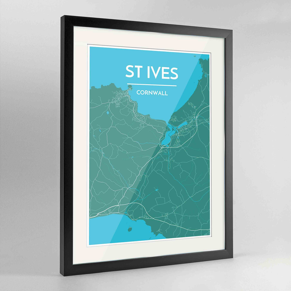 Framed St Ives Map Art Print 24x36&quot; Contemporary Black frame Point Two Design Group