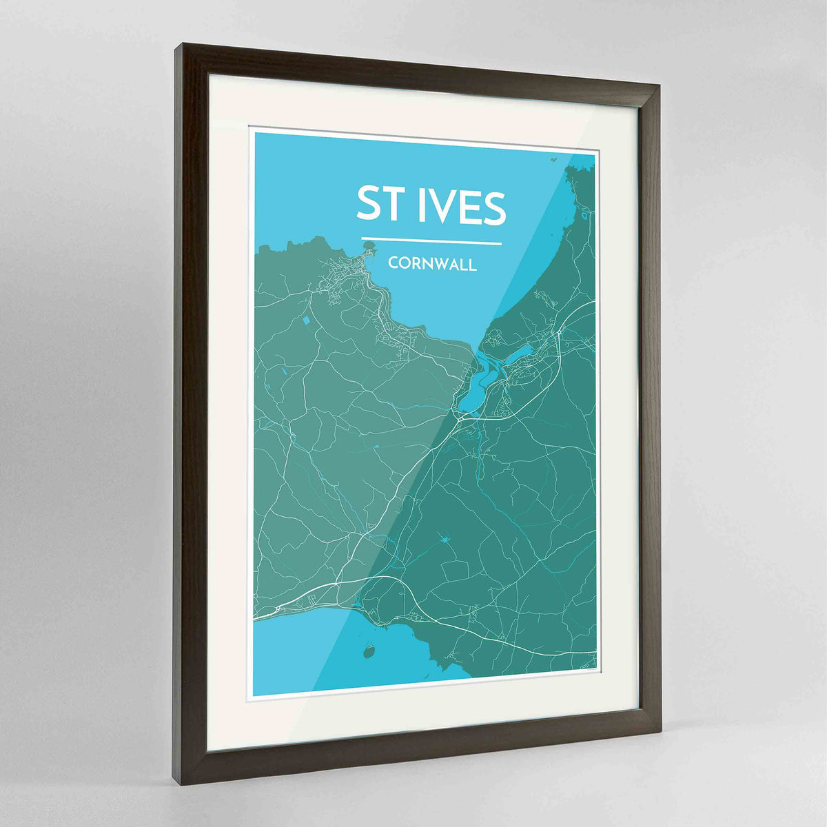 Framed St Ives Map Art Print 24x36&quot; Contemporary Walnut frame Point Two Design Group