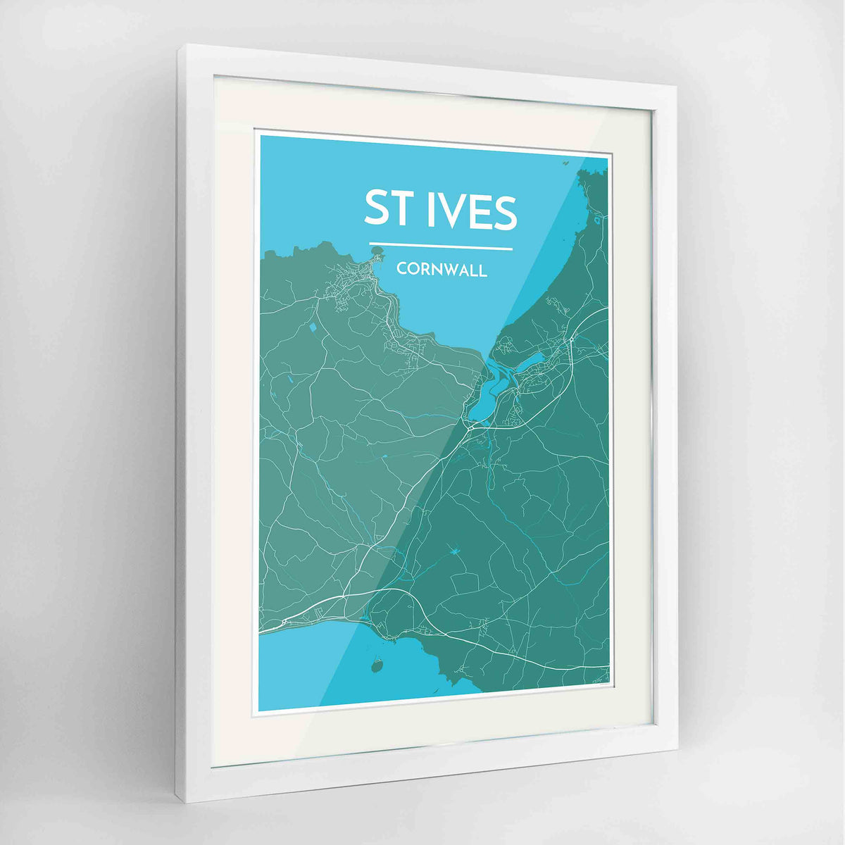 Framed St Ives Map Art Print 24x36&quot; Contemporary White frame Point Two Design Group