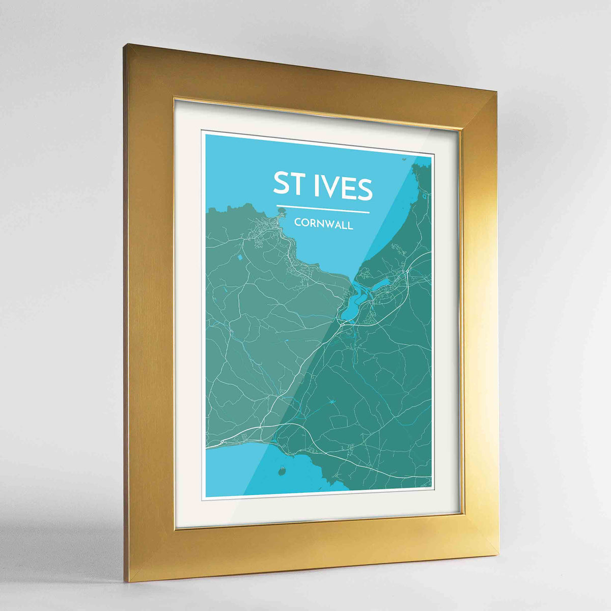 Framed St Ives Map Art Print 24x36&quot; Gold frame Point Two Design Group