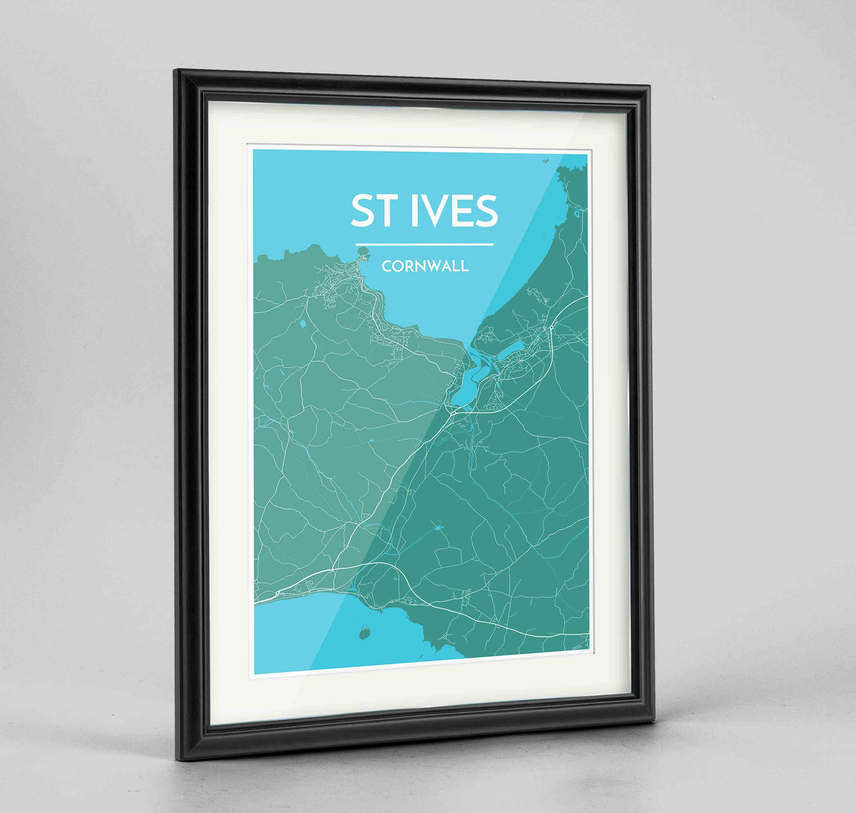 Framed St Ives Map Art Print 24x36&quot; Traditional Black frame Point Two Design Group