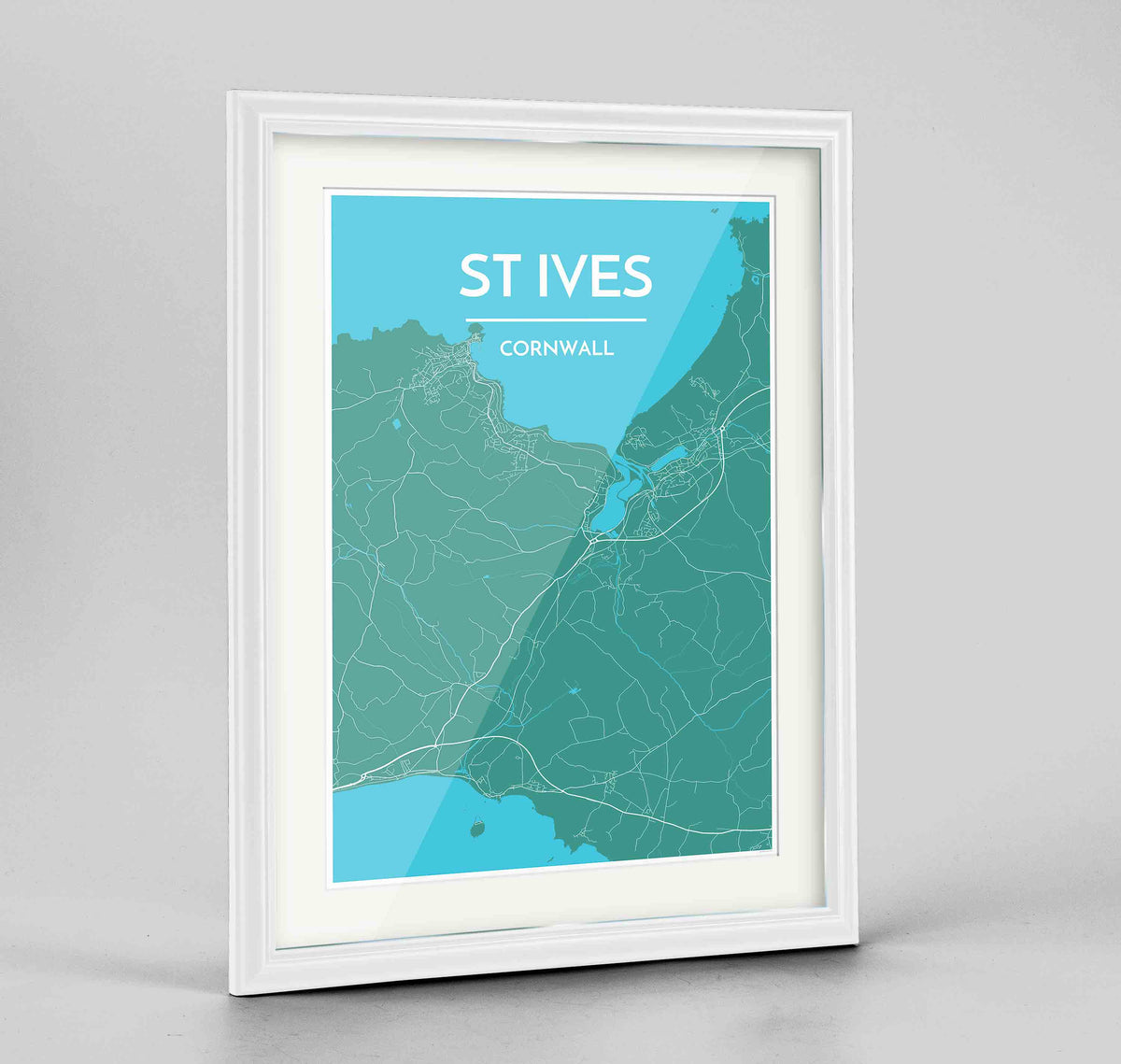 Framed St Ives Map Art Print 24x36&quot; Traditional White frame Point Two Design Group