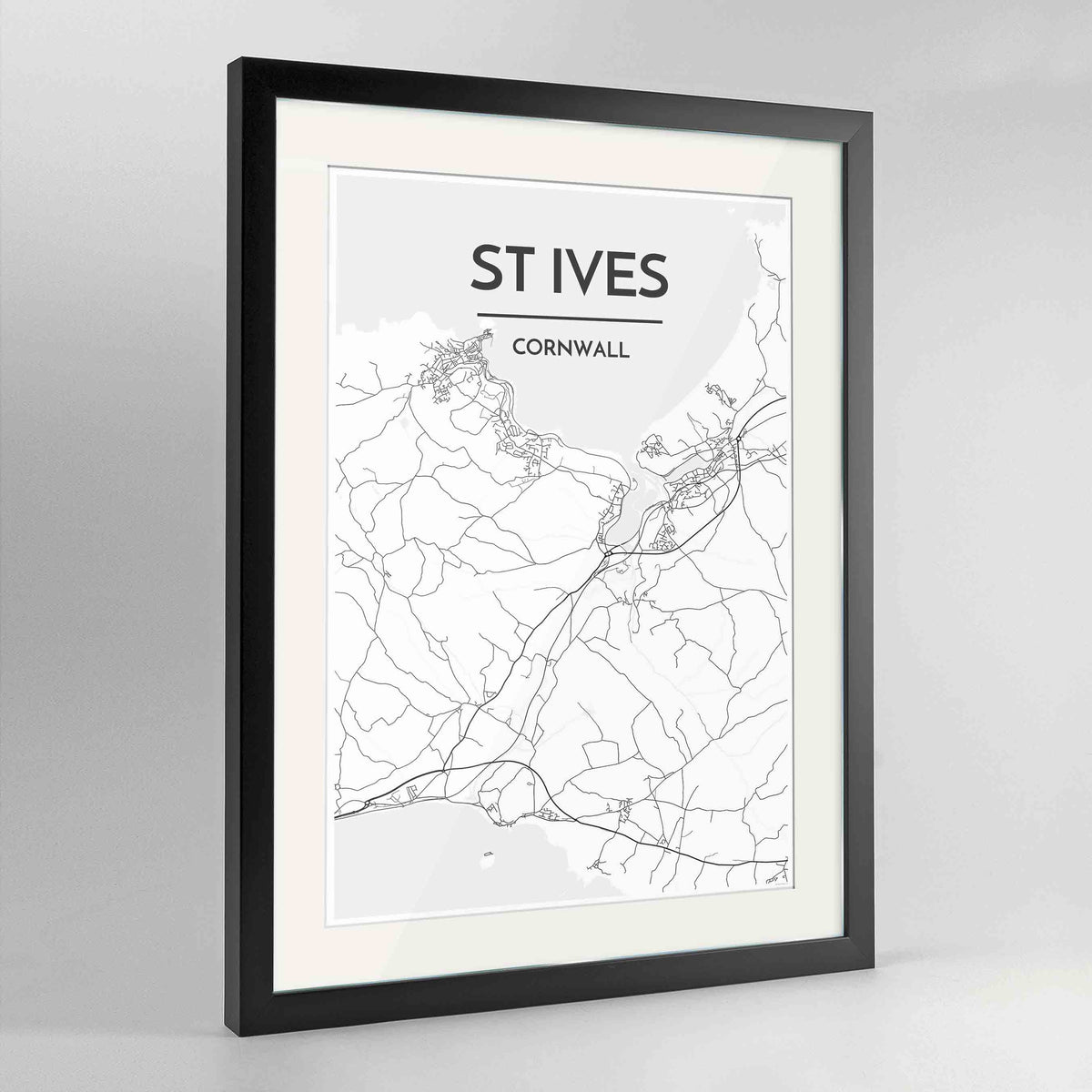 Framed St Ives Map Art Print 24x36&quot; Contemporary Black frame Point Two Design Group