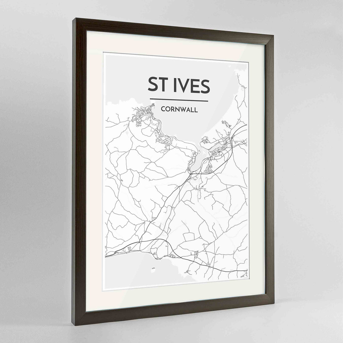 Framed St Ives Map Art Print 24x36&quot; Contemporary Walnut frame Point Two Design Group