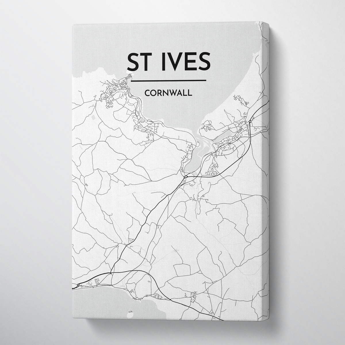 St Ives City Map Canvas Wrap - Point Two Design - Black &amp; White Print