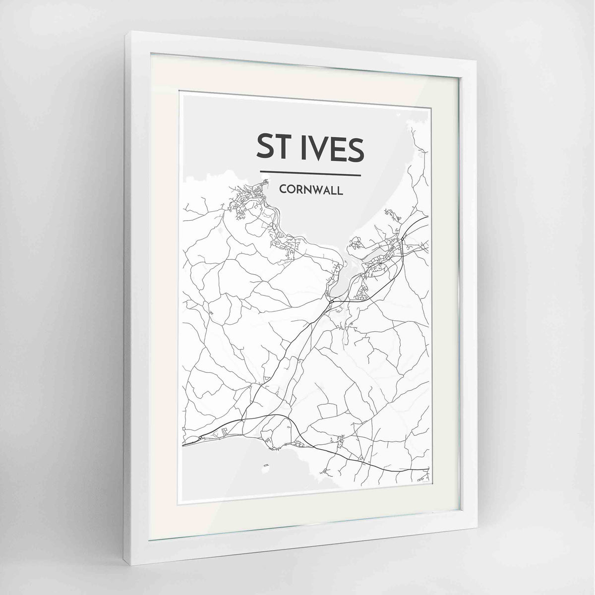 Framed St Ives Map Art Print 24x36&quot; Contemporary White frame Point Two Design Group