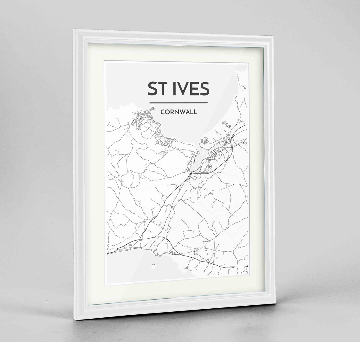 Framed St Ives Map Art Print 24x36&quot; Traditional White frame Point Two Design Group