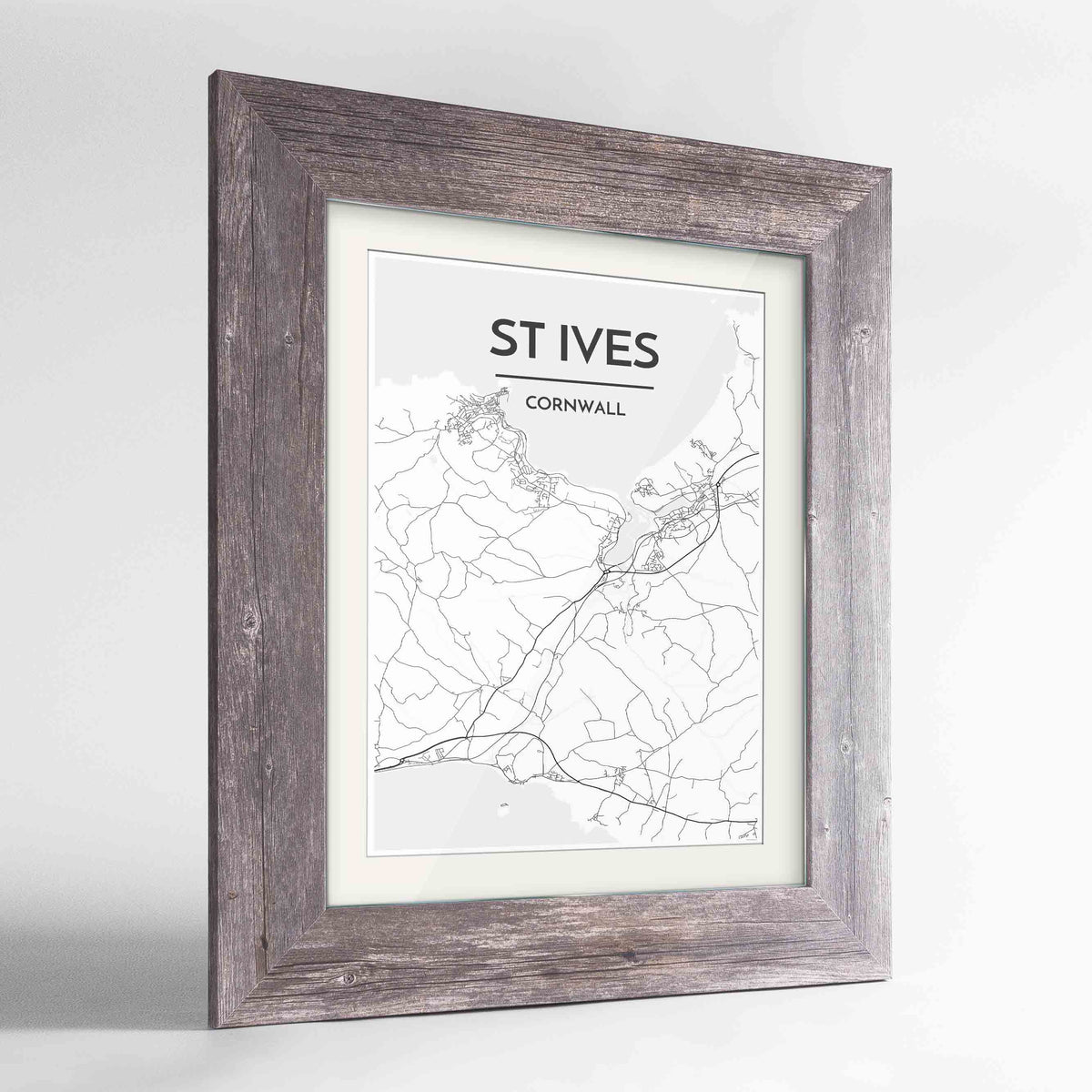 Framed St Ives Map Art Print 24x36&quot; Western Grey frame Point Two Design Group