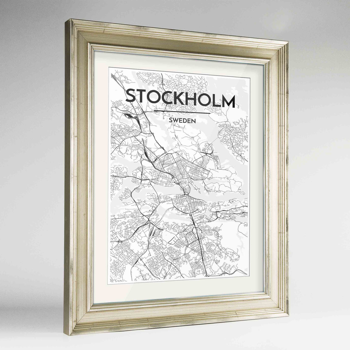 Framed Stockholm Map Art Print 24x36&quot; Champagne frame Point Two Design Group