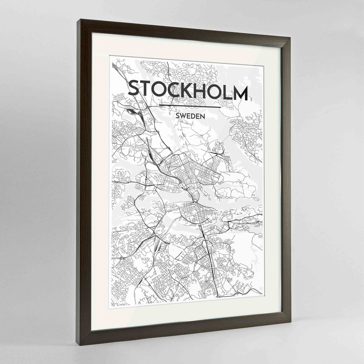 Framed Stockholm Map Art Print 24x36&quot; Contemporary Walnut frame Point Two Design Group