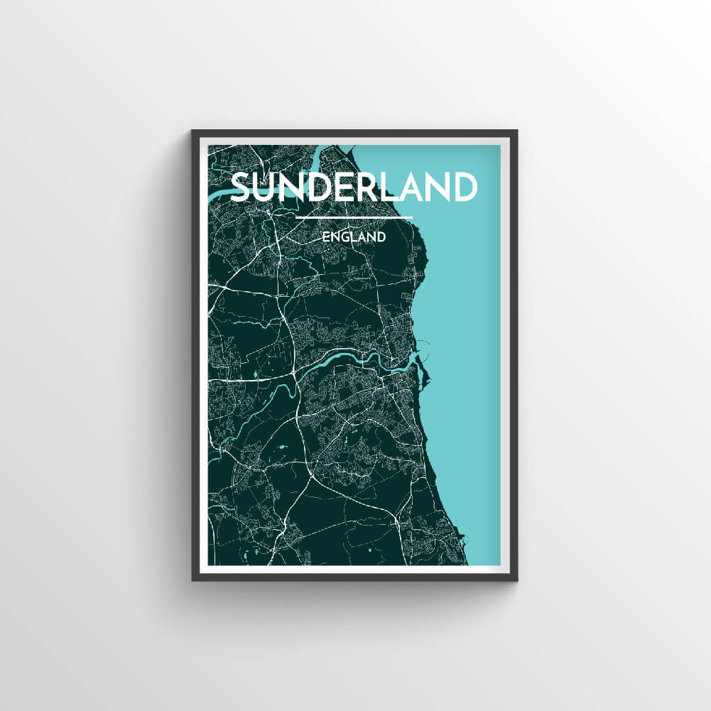 Sunderland City Map Art Print - Point Two Design - Black &amp; White Print
