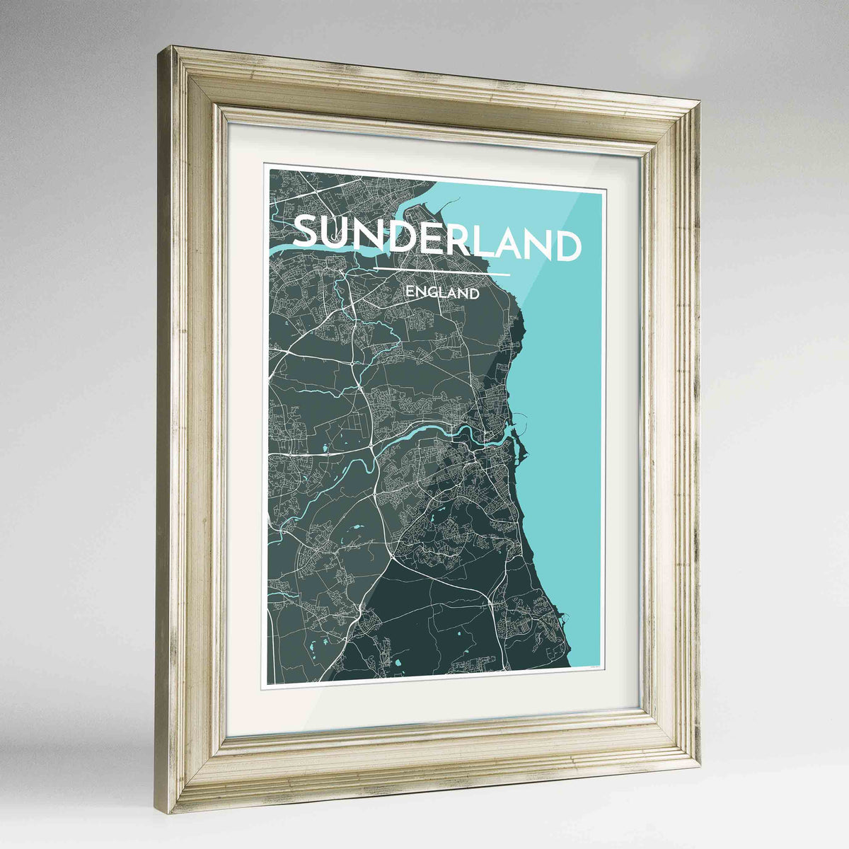 Framed Sunderland Map Art Print 24x36&quot; Champagne frame Point Two Design Group
