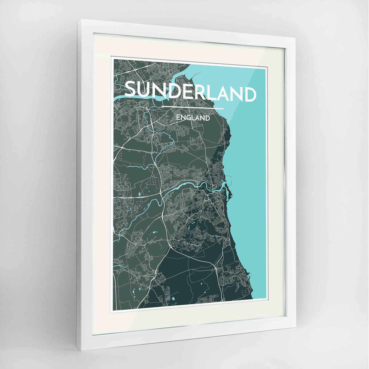 Framed Sunderland Map Art Print 24x36&quot; Contemporary White frame Point Two Design Group
