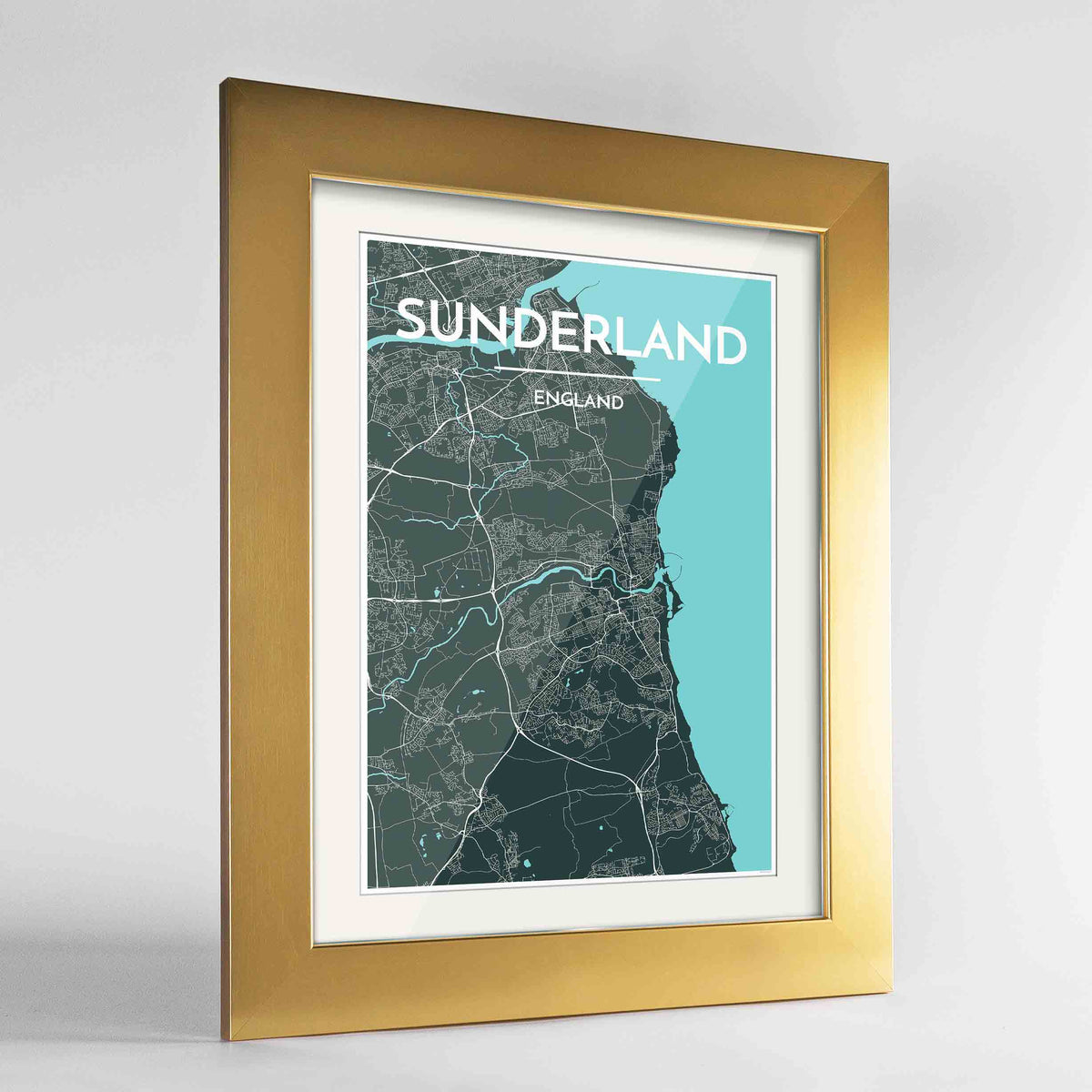 Framed Sunderland Map Art Print 24x36&quot; Gold frame Point Two Design Group